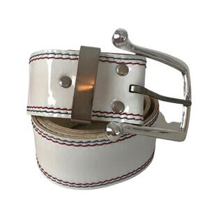 White Patent Belt Red Blue Stitching Large Silver Tone Buckle Unisex Vintage